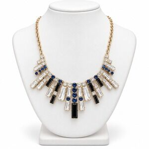 Vintage Rhinestone Bib Necklace Gold Tone Blue Black Clear Fringe Statement